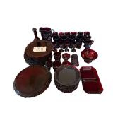 APPROX. 53 PIECES OF AVON 1876 CAPE COD RUBY RED: CAKE STAND, DESSERT PLATES, DINNER PLATES, CREAM AND SUGAR, SALT AND PEPPER, WATER PITCHER, CRUET, GOBLETS, WATER GLASSES, COFFEE MUGS, DIVIDED TRAY -