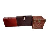 2 VINTAGE SAMSONITE LUGGAGE CASES (NO KEYS), WICKER STORAGE BOX W/ BRASS HARDWARE