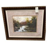 FISHERMAN IN TRANQUIL RIVER SCENE FRAMED AND MATTED PRINT - APPROX. 36” X 41.25” OVERALL