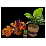 2 FALL THEME ARTIFICIAL FLORAL ARRANGEMENTS IN DECORATIVE PUMPKIN PLANTERS; LARGE ARTIFICIAL PLANT; SMALL TOPIARY