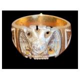 VINTAGE 14K GOLD MASONIC 32ND DEGREE DOUBLE-EAGLE RING WITH CENTER DIAMOND, SIZE 8, 9.2 GRAMS INCLUDING DIAMOND