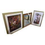 LARGE FRAMED FLORAL SCENE PRINT APPROX. 43” X 35.5” OVERALL, RECTANGULAR MIRROR IN GOLD-GILDED FRAME, CHILD W/ FLOWERS SCENE PRINT