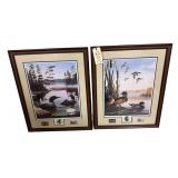 2 DUCKS UNLIMITED CONSERVATIVE EDITION LEO STANS PRINT, MEDALLION, & $8.00-STAMP SETS: “AUTUMN AIR” 1998 #4439/25000; “BOUNDARY WATERS” 1998 #5669/25000