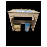 WOODEN PAINTED 1-DRAWER KNEEHOLE DESK, 2 SMALL TRASH RECEPTACLES