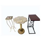 ORNATE MARBLE TOP PLANT STAND, 2 METALLIC PLANT STANDS