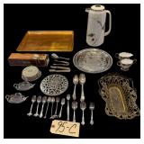 COFFEE URN, SILVER-PLATE PLATTER, TRIVET, PORCELAIN ON SILVER-PLATE CREAM AND SUGAR, SET OF COASTERS, SALAD TONGS, OTHER TONGS, 2 SETS OF 6 SILVER-PLATE SPOONS, MINIATURE/COLLECTOR SPOONS, PLASTIC SER