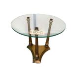 ROUND GLASS-TOP ACCENT SIDE TABLE WITH ORNATE GOLD-TONE COLUMN BASE - APPROX. 22” TALL X 24” DIAMETER - FLEA BITE ON GLASS