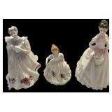 2 8” ROYAL DOULTON FIGURINES: HN3165 “FIGURINE OF THE MONTH AUGUST”, HN4128 “KAITLYN”; 5” ROYAL DOULTON FIGURINE: HN3327 “FIGURINE OF THE MONTH OCTOBER”