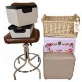 METAL BASE SWIVEL CHAIR, CARDBOARD FLORAL STORAGE BOX, OTTOMAN, WOVEN DOUBLE-HANDLED BASKET, 2 FABRIC STORAGE BINS