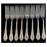 SET OF 8 WALLACE ROSE POINT STERLING SILVER DINNER FORKS, APPROX. 12.2 TROY OZ., 369.6 GRAMS
