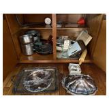 2 SILVER-PLATE PLATTERS, SILVER-PLATE SERVER, REED AND BARTON SILVER-PLATE BOWL, VASES, PEPPER GRINDER, CUTTING BOARDS, GLASS BAKING DISHES, SKILLETS, POTS, PANS, WOODEN ROLLING PIN, AND OTHER ASSORTE