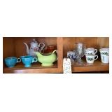 3 HOMER LAUGHLIN CHRISTMAS MUGS, ARMBEE MADE IN JAPAN MUG, FIESTA WARE GRAVY BOAT, SALT AND PEPPER SHAKERS, FIESTA WARE COFFEE MUG, FIESTA WARE CREAMER, ELECTRIC TEAPOT, CHRISTMAS STEM GLASSES
