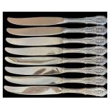SET OF 8 WALLACE ROSE POINT LARGE BUTTER KNIVES WITH STERLING SILVER HANDLES AND STAINLESS STEEL BLADES