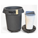 RUBBERMAID BRUTE COMMERCIAL TRASH RECEPTACLE W/ 2 SETS OF ROLLERS; 2 OTHER TRASH RECEPTACLES