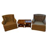 2 UPHOLSTERED CHAIRS, 2 WOODEN SIDE TABLES