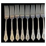 SET OF 8 LARGER WALLACE ROSE POINT STERLING SILVER DINNER FORKS, APPROX. 14.74 TROY OZ., 458.6 GRAMS