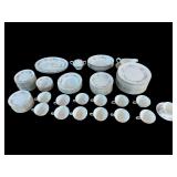 APPROX. 85 PIECES OF CONTINENTAL CHINA “AMETHYST” PATTERN: 12 SUPPER PLATES, 12 DESSERT PLATES, 12 SALAD PLATES, 8 SMALL BOWLS, 6 LARGE BOWLS, 2 PLATTERS, SUGAR DISH (LID BROKEN), GRAVY BOAT, 4 OV