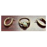 10K YELLOW GOLD LOT: VINTAGE YELLOW GOLD RING FEATURING AN OVAL CABOCHON-CUT OPAL WITH DECORATIVE SPLIT SHOULDERS, PAIR OF 10K EARRINGS, TOTAL WEIGHT APPROX. 2.79 GRAMS