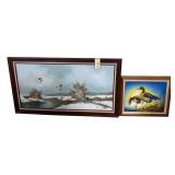 2 FRAMED OIL ON CANVAS DUCK SCENE PAINTINGS: APPROX. 84” X 30” OVERALL BY R. THOMAS; APPROX. 24” X 21” OVERALL BY C. KING