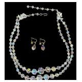 VINTAGE DOUBLE-STRAND AURORA BOREALIS FACETED CRYSTAL BEAD NECKLACE W/ MATCHING EARRINGS