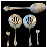 WALLACE ROSE POINT STERLING SILVER SPOONS COMPRISING 2 PIERCED BONBON SPOONS, JELLY SPOON, AND 2 INDIVIDUAL SALT SPOONS, 5 TOTAL, APPROX. 2.52 TROY OZ., 78.4 GRAMS