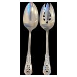 PAIR OF LARGE WALLACE ROSE POINT STERLING SILVER SERVING SPOONS, ONE PIERCED AND ONE SOLID, APPROX. 4.06 TROY OZ., 126.2 GRAMS