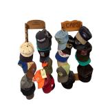 FORD RACING HAT RACK, OTHER WOODEN “CAPS” WALL HANGING HAT RACK, ASSORTMENT OF TRUCKER-STYLE HATS