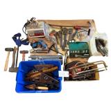 SCHAUER BATTERY CHARGER, VINTAGE PIPE WRENCHES, IRWIN QUICK-GRIP CLAMP, GLUE GUN, HACKSAWS, SOCKETS, BATTERY CHARGER, WIRE BRUSHES, MASONRY TOOLS, SINGLE-BIT AXE, HATCHET, GRINDING BLADES, RUBBER MALL