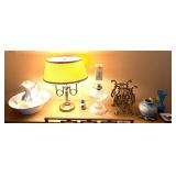 VINTAGE BRASS BASE BANKER’S LAMP, BOWL AND PITCHER, 2 OIL LAMPS, MUSIC RECORD HOLDER, ART GLASS VASE, POTTERY VASE