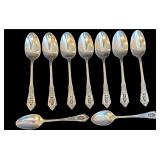 SET OF 7 WALLACE ROSE POINT STERLING SILVER TEASPOONS AND 2 SMALLER TEASPOONS, 9 TOTAL, APPROX. 7.15 TROY OZ., 222.4 GRAMS