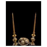 ORNATE-FINISH PEDESTAL BOWL WITH 4 MATCHING EMBOSSED ORBS; 2 ORNATE MARBLE BASE CANDLEHOLDERS