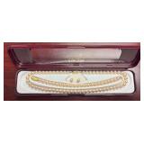 SIMULATED OR CULTURED PEARL NECKLACE, BRACELET, EARRING SET IN ORIGINAL BOX MARKED CAPRICHO PERLAS DE MALLORCA MADE IN MALLORCA SPAIN