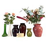 6 VASES TO INCLUDE GREEN GLASS BUD VASE, WHITE MILK GLASS BUD VASE, AMETHYST GLASS VASE, AMBER GLASS VASE, GREEN HAND-BLOWN JAMESTOWN VA RUFFLED-RIM CRACKLE GLASS VASE, MAUVE POTTERY VASE (FLEA BITE),