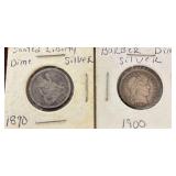 TWO UNITED STATES SILVER DIMES, ONE 1890 SEATED LIBERTY, ONE 1900 BARBER DIME.