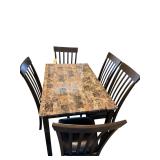 MULTI-TONE FAUX MARBLE TOP/WOODEN BASE DINING TABLE - APPROX. 30” TALL X 47.25” LONG X 30” WIDE; 5 MATCHING WOODEN CHAIRS W/ PADDED SEATS