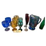2 LIBBEY JUNIPER GREEN GOLD TRIM STEM GLASSES, 2 CLEAR AND BLUE GOLD TRIM THUMBPRINT STEM GLASSES, 3 AMBER COLOR THUMBPRINT STEM GLASSES, INDIANA GLASS HARVEST GRAPE BLUE CARNIVAL GLASS PITCHER, VINTA