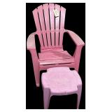 PINK PLASTIC ADIRONDACK-STYLE LAWN CHAIR W/ PINK PLASTIC FOOT STOOL