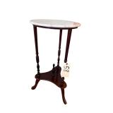 MARBLE TOP, WOODEN BASE SIDE TABLE APPROX. 27.75” TALL X 14” DIAMETER
