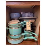 GREEN LIFE CERAMIC COATED COOKWARE: 4 SKILLETS WITHOUT LIDS, 2 SKILLETS W/ LIDS, 3 POTS W/ LIDS; 4 OTHER STAINLESS STEEL POTS W/ LIDS; BAKING PANS; PLASTIC PITCHER