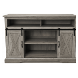 MEDIA CONSOLE W/ 2 SLIDING BARN-STYLE DOORS, OPEN SHELVING, AND BLACK METAL HARDWARE - APPROX. 34.25" TALL X 52" WIDE X 15.5" DEEP