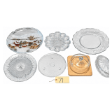 WOODEN CHEESE BOARD W/ GLASS DOME LID, TRINKET BOX W/ FROSTED GLASS LID, CLEAR GLASS DEVILED EGG TRAY, 3 LARGE CLEAR GLASS SERVING PLATTERS TO INCLUDE 1 W/ COLORFUL CHRISTMAS SCENE