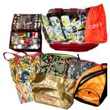 STERILITE PLASTIC TOTE W/ HAND BAGS, TOTE BAGS, AND BACKPACK; SMALL ASSORTMENT OF SEWING NOTIONS
