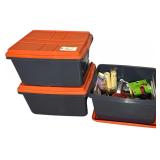 3 HEFTY 72-QT. HI-RISE PRO TOTES W/ LIDS (1 HANDLE BROKEN) W/ ASSORTED PAINT ROLLER COVERS AND FRAMES, PAINT BRUSHES, PLATFORM PAINT PAD W/ HANDLE, PAINTER’S TAPE, MASKING TAPE, PAINT STIR STICKS, P