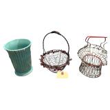 BISQUE HUMMINGBIRD FIGURE, MAUVE PLANTER, WOVEN BASKET