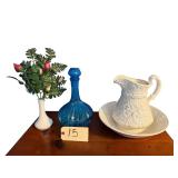 PORCELAIN BOWL AND PITCHER DEPICTING OLD COUNTRY SCENE, BLUE MADE IN ITALY DECANTER, MILK GLASS VASE