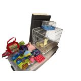 ANIMAL CAGE APPROX. 16” X 20” X 13”, BRAND NEW PET TOYS, USED PET TOYS, DOG MAT