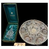 AMERICAN PRESCUT STAR OF DAVID PATTERN DIVIDED GLASS SERVER W/ METALLIC TURNTABLE; CAVAN CRYSTAL HANDMADE IN IRELAND BELL