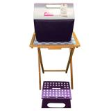 IGLOO LITTLE PLAYMATE COOLER, WOODEN TV TRAY, PLASTIC FOOT STOOL