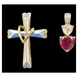 10K WHITE GOLD CROSS PENDANT W/ SMALL DIAMOND TYPE STONES, 10K YELLOW GOLD PENDANT WITH RUBY AND DIAMOND TYPE STONES. BOTH WEIGH APPROX. 2.25 GRAMS INCLUDING STONES.
