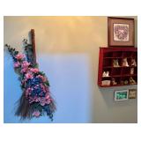 BROOM W/ DECORATIVE ARTIFICIAL FLORAL ARRANGEMENT, WOODEN WHATNOT SHELF W/ BISQUE RABBIT FIGURINES, FLORAL HEART/WREATH PRINT